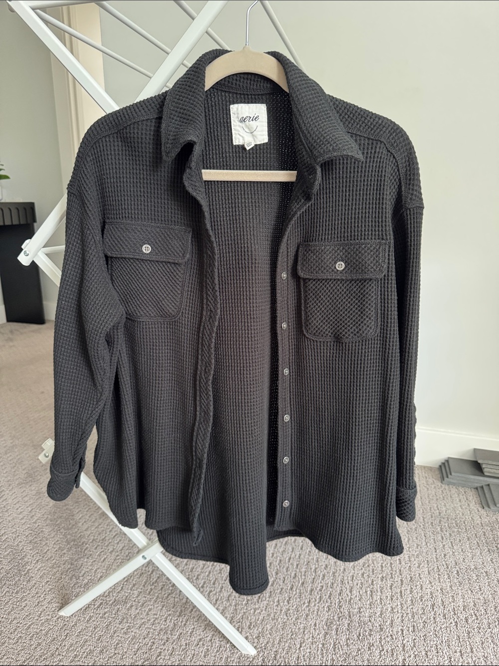 aerie Charcoal Black Waffle-Knit Shirt Jacket